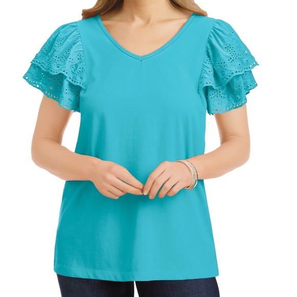 Chico’s Ribbed Eyelet Flutter Sleeve Tee Turquoise size M-L - Picture 1 of 11